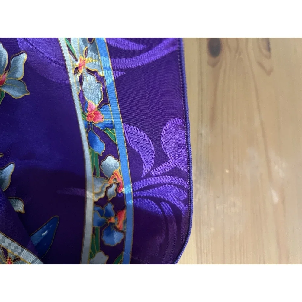 Vintage Floral Silk Scarf Purple Blue Pink Orchid Print Square Retro 34x33